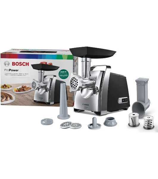 Мясорубка электрическая Bosch MFW67440 черный, 2000 Вт, 3.5 кг/мин, реверс, защита от перегрузки, насадки - 4