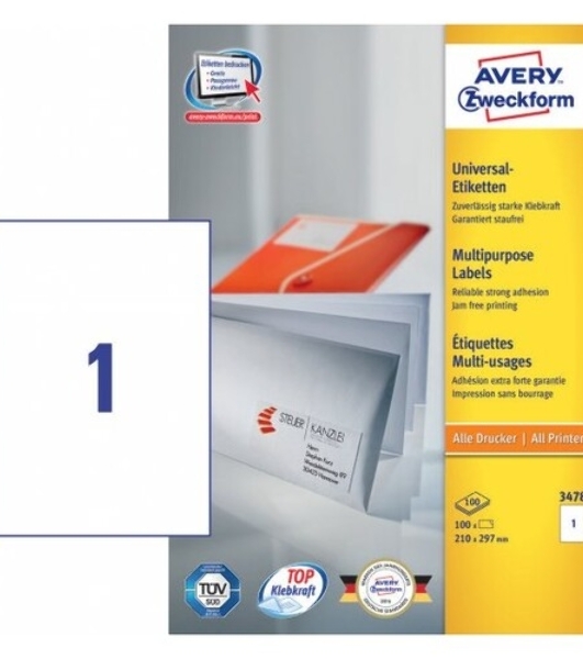 Этикетки самоклеящиеся Avery Zweckform 3424 A4, 105x48 мм, 12 шт, универсальная, 70 г/м2, 100 л, покрытие матовое, белый