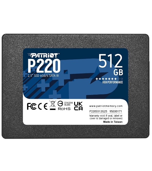 Накопитель SSD Patriot P220, 512Gb, SATA III, 2.5', R/W 550/500