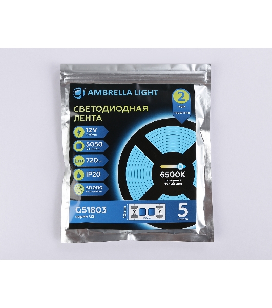 Светодиодная лента Ambrella light GS1803 5050 30Led/ 7.2W m/ 12V IP20 6500K/ 5000*10*1.87mm (2 конт.)