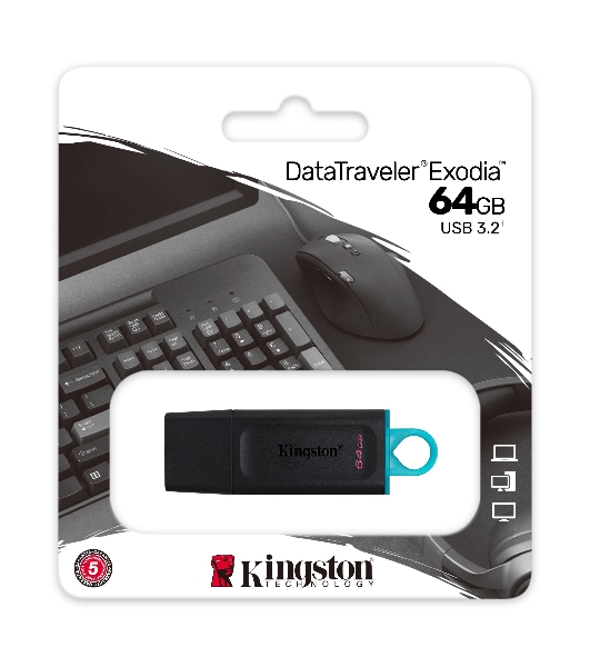 Флешка USB Kingston DataTraveler Exodia (DTX/64GB), 64Gb, USB 3.2 Gen 1, R/W 200/60, черный/бирюзовый