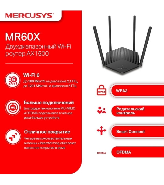 Двухдиапазонный Wi-Fi роутер Mercusys MR60X AX1500