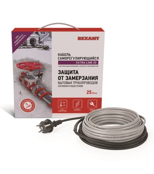 Греющий саморегулирующийся кабель Rexant на трубу Extra Line 25MSR-PB 10M (10м/250Вт)