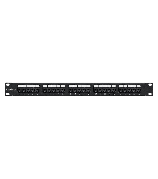 Патч-панель телефонная 19', 1U 25 port ExeGate разъем RJ-12 6P4C, RoHS, черный