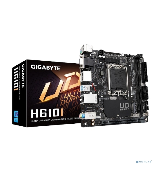 Материнская плата Gigabyte H610I, LGA 1700, Intel H610, 2xDDR5, 4xSATA, 1xM.2, 1xPCIe 4.0 x16, 1xHDMI, 1xVGA, 2xDP, 1x 1Gb LAN, 2xUSB-A 3.2 Gen 1, 4xUSB-A 2.0, 3x 3.5 мм, 7.1, Mini-ITX