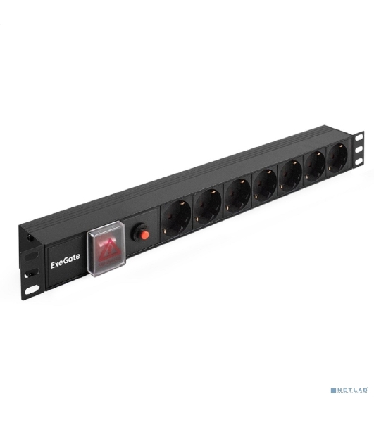 Блок розеток горизонтальный ExeGate ServerPro PDU-19H702 Al-7S-C14-SW-O, 19', 1U, Алюминий, 7 Schuko, С14, защита от перегрузки, черный
