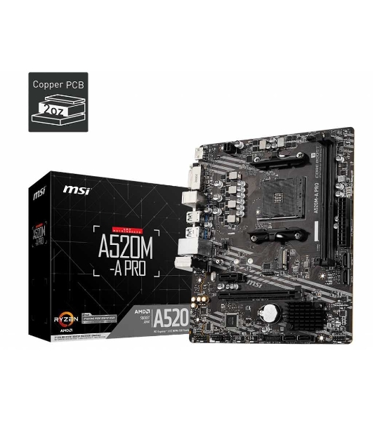 Материнская плата MSI A520M-A PRO, AM4, AMD A520, 2xDDR4, 4xSATA, 1xM.2, 1xPCIe 3.0 x16, 1xDVI-D, 1xHDMI, 1x 1Gb LAN, 2xUSB 2.0, 4xUSB 3.2 Gen 1, 3x3.5 мм, 7.1, mATX