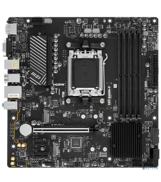 Материнская плата MSI PRO B650M-P, AM5, AMD B650, 4xDDR5, 4xSATA, 2xM.2, 1xPCI-E 4.0 x16, 2xPCI-E 4.0 x1, 1xHDMI, 1xDP, 1xVGA, 1x2.5Gb LAN, 2xUSB 3.2 Gen 1, 2xUSB 3.2 Gen 2, 3x3.5 мм, 7.1, Micro-ATX
