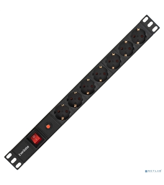 Блок розеток горизонтальный ExeGate ServerPro PDU-19H702 Al-7S-C14-SW-O, 19', 1U, Алюминий, 7 Schuko, С14, защита от перегрузки, черный