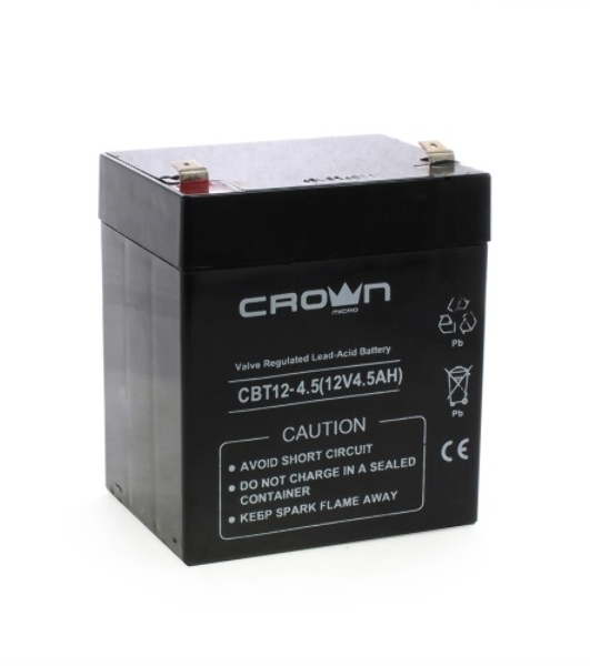 Батарея для ИБП CROWN CBT-12-4.5, напряжение 12В, емкость4,5 А/Ч, размеры (мм)90х70х101, вес 1,48 кг, тип клеммы - F2, тип АКБ - свинцово кислотная с загущеным электролитом в гель, срок службы 6 лет