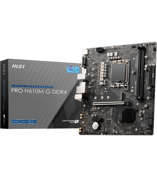 Материнская плата MSI PRO H610M-G, LGA 1700, Intel H610, 2xDDR5, 4xSATA, 1xM.2, 1xPCIe 4.0 x16, 1xPCIe 3.0 x1, 1xHDMI, 1xDP, 1xVGA, 1xRJ45 1Gb, 2xUSB-A 3.2 Gen 1, 4xUSB-A 2.0, 3x3.5мм, 7.1, mATX