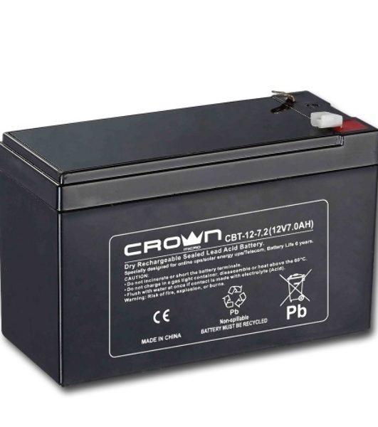 Батарея для ИБП CROWN CBT-12-7.2 (напряжение 12В, емкость 7.2 А/Ч, разм 151х65х100 мм, вес 2,1 кг, тип клеммы - F2, 5 лет)