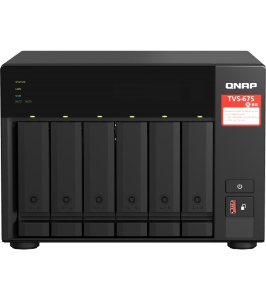 Сетевое хранилище без дисков SMB QNAP TVS-675-8G NAS, 6-tray w/o HDD, 2xM.2 SSD Slot, 1xHDMI-port. CPU 8-сore 64-bit x86 KX-U6580 2.5 GHz, 8GB DDR4 (1 x 8GB) up to 64GB (2 x 32GB), 2x 2.5 Gigabit LAN