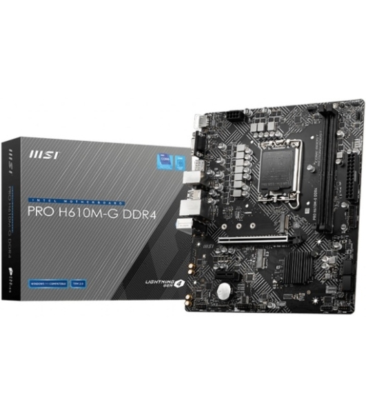 Материнская плата MSI PRO H610M-G DDR4, LGA 1700, Intel H610, 2xDDR4, 4xSATA, 1xM.2, 1xPCIe 4.0 x16, 1xPCIe 3.0 x1, 1xHDMI, 1xDP, 1xVGA, 1xRJ45 1Gb, 2xUSB-A 3.2 Gen 1, 4xUSB-A 2.0, 3x3.5мм, 7.1, mATX
