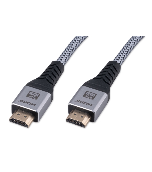 Кабель HDMI Cablexpert CCP-HDMI16K-2M, 19M/19M, v2.2, 16K, медь, тройной экран, позол.контакты, нейлон.оплетка, метал.коннекторы, 2м, серый, коробка