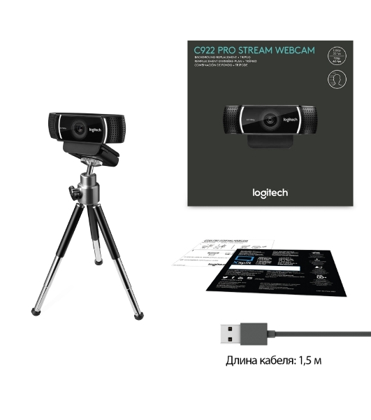 Веб-камера Logitech C922 Pro Stream 1920x1080, 30 кадр/с, USB Type-A, микрофон (2 шт, шумоподавление), автоматическая фокусировка, автоосвещение, универсальное крепление