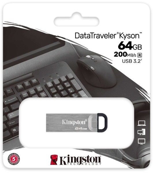 Флешка USB Kingston DataTraveler KYSON (DTKN/64GB), 64Gb, USB 3.2 Gen 1, R/W 200/60, серебристый/черный