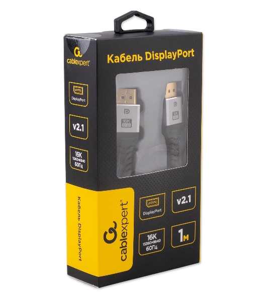 Кабель DisplayPort Cablexpert CCP-DP16K-1M, 20M/20M, v2.1, 16K, медь, тройной экран, позол.контакты, нейлон.оплетка, метал.коннекторы, 1м, черный, коробка