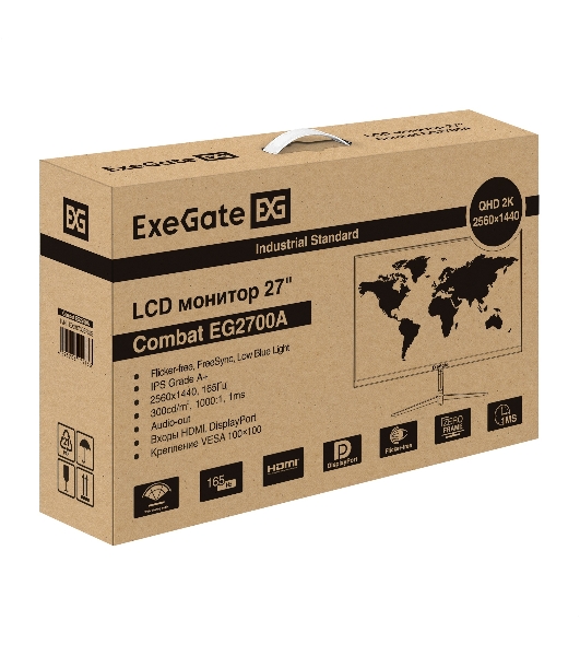 Монитор 27' ExeGate Combat EG2700A IPS 2560x1440, 165 Гц, 1 мс, 16:9, 300 кд/м², 1xHDMI, 1xDP, 3.5 мм, черный