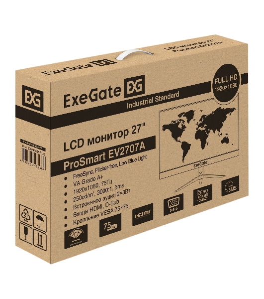 Монитор 27' ExeGate ProSmart EV2707A VA 1920x1080, 75 Гц, 5 мс, 16:9, 280 кд/м², 1xHDMI, 1xVGA, 3.5 мм, черный