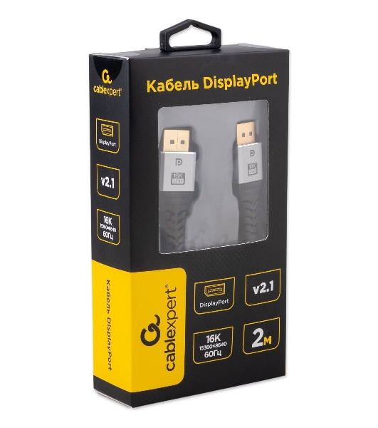 Кабель DisplayPort Cablexpert CCP-DP16K-2M, 20M/20M, v2.1, 16K, медь, тройной экран, позол.контакты, нейлон.оплетка, метал.коннекторы, 2м, черный, коробка