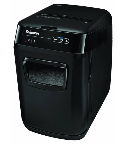 Шредер Fellowes AutoMax 150C FS-46801(01/02)* (секр.P-4)/фрагменты 4x38 мм,/150лист./32лтр./Уничт:скрепки, скобы, пл.карты,CD диски