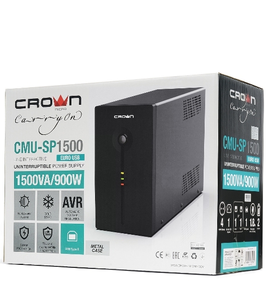 Источник бесперебойного питания Crown CMU-SP1500EURO USB/1500 ВА/900 Вт/1 х IEC 320 C13 (компьютерная), 4 х CEE 7 (евророзетка)