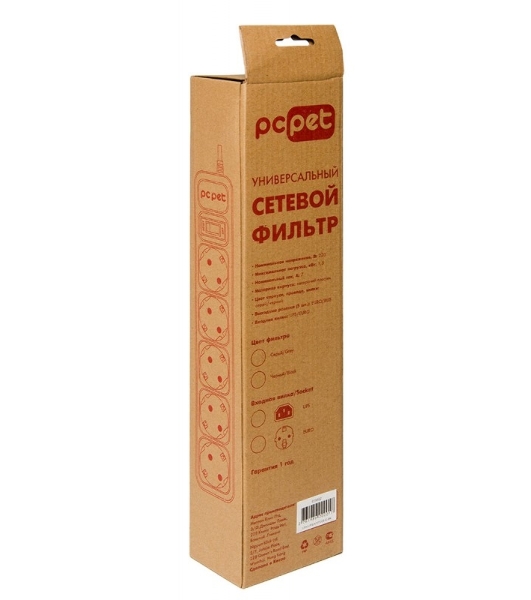 Сетевой фильтр PC Pet AP01006-E-GR 1.8м, 5 розеток, серый