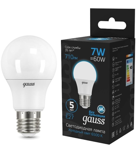 Лампа светодиодная Gauss 102502307 7Вт цок.: E27 груша 220B 6500K св. свеч. бел. хол. (упак.: 10 шт)