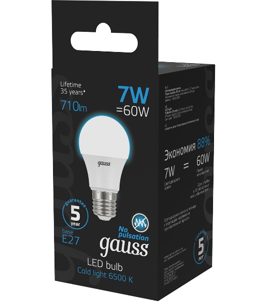 Лампа светодиодная Gauss 102502307 7Вт цок.: E27 груша 220B 6500K св. свеч. бел. хол. (упак.: 10 шт)