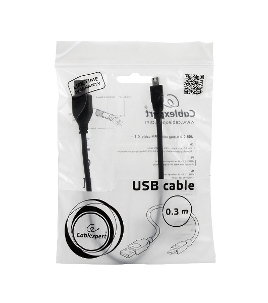 Кабель Gembird USB 2.0 PRO для соед. 0,3м AM/miniBM позол.конт., черный