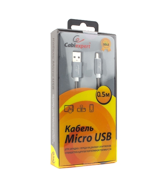 Кабель USB2.0 Cablexpert CC-G-mUSB02Gy-0.5M, AM/microB, серия Gold, длина 0.5м, титан, блистер