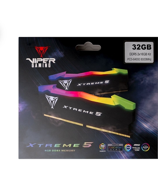 Оперативная память Patriot Viper Xtreme 5, DDR5, 32GB (2x16GB), 8000MHz, CL38, DIMM, с радиаторами, RGB, черный