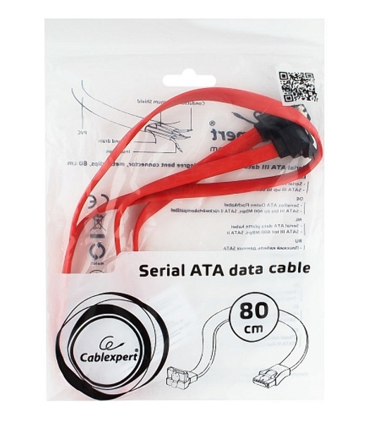 Кабель интерфейсный SATA Cablexpert CC-SATAM-DATA90-0.8M, 80 см, угловой разъем, 7pin/7pin, защелка, пакет