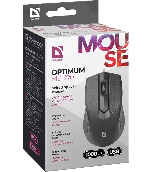 Мышь проводная Defender Optimum MB-270 черный, 1200 dpi, USB, кнопки - 3