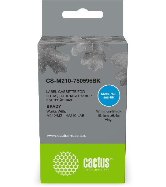 Картридж ленточный Cactus CS-M210-750595BK (M210-750-595-BK) белый шрифт, черный фон (19.1 мм, 6.4 м) для Brady M210/M211/M210-LAB