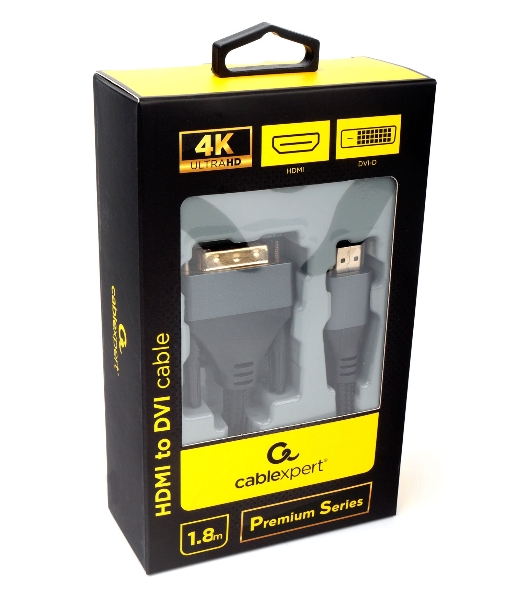 Кабель HDMI-DVI Cablexpert CC-HDMI-DVI-4K-6, 19M/19M, single link, 4K, медь, нейлоновая оплетка, метал.разъемы, 1.8м, черный, коробка