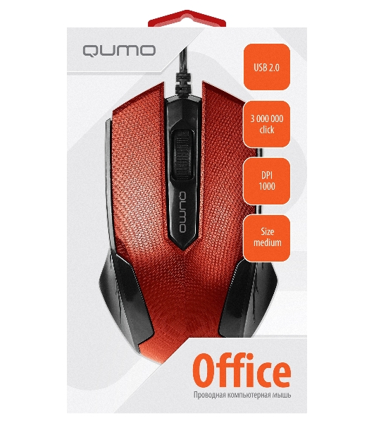 Мышь проводная Qumo Office M14 красный, 1000 dpi, USB, кнопки - 3