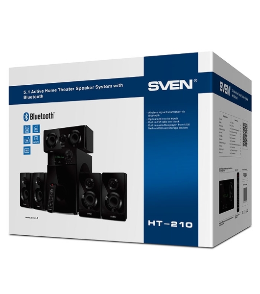 Аудиоколонки SVEN HT-210, черный, акустическая система 5.1, мощность (RMS):50Вт+5x15Вт, Bluetooth, Optical, Coaxial, FM-тюнер, USB/SD, дисплей, ПДУ