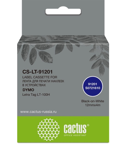 Картридж ленточный Cactus CS-LT-91201 черный шрифт, белый фон (12 мм, 4 м) для Dymo Letra Tag LT-100H