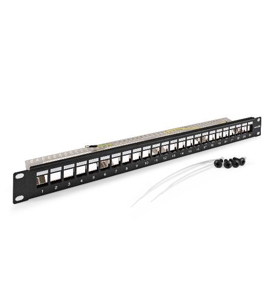 Патч-панель модульная ExeGate EPPB-19-24-STP (19', STP, 24 port, наборная, экранированная, 1U, RoHS, с кабельным органайзером, Black, RTL)