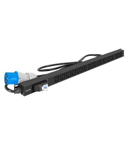 Блок розеток вертикальный ExeGate ServerPro PDU-V420 Al-20C134C19-IEC309-32A-1P (19', 1U, Алюминий, 20 IEC 320 C13, 4 IEC 320 C19, IEC 60309 32A (2P+E), VDE-250V-32A-3*4мм2, 3 метра, автомат защиты, черный, RTL)