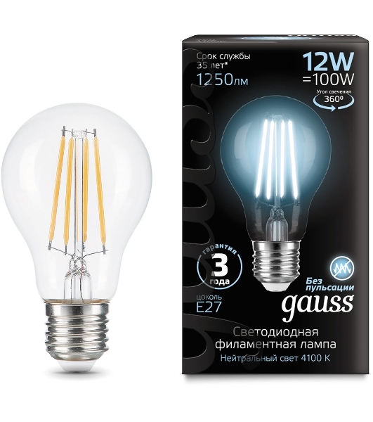 Лампа cветодиодная Gauss Filament А60 12W 1250lm 4100К Е27 LED 1/10/40