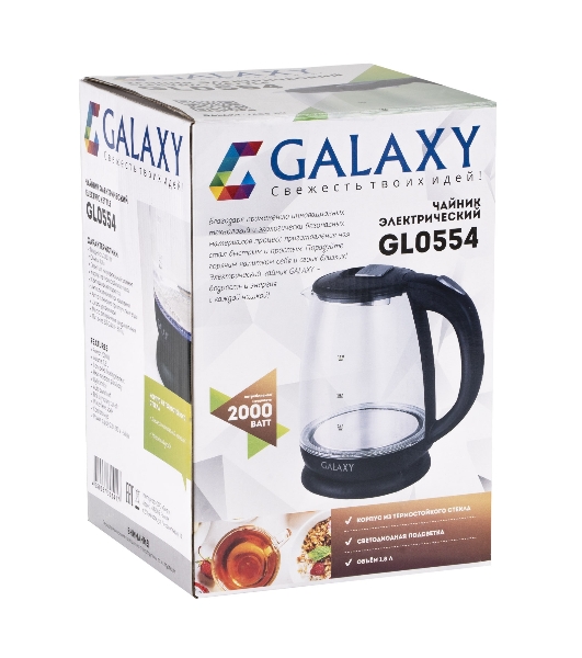 Чайник электрический Galaxy Line GL 0554, черный, стекло, 2000 Вт, 1,8 л, LED-подсветка, шкала уровня воды, корпус из термостойкого стекла