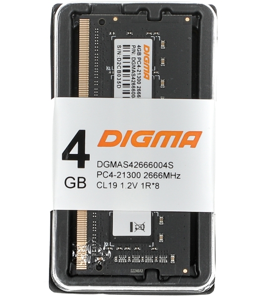 Оперативная память Digma, DDR4, 4GB (1x4GB), 2666MHz, CL19, SO-DIMM