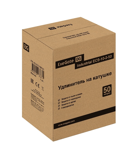 Удлинитель на катушке ExeGate industrial ECS-10-2-50 (4 евророзетки, IP20, 50 м, защита от детей, защита от перегрузки, 2х1,0 мм2, 10А/2.3 кВт)