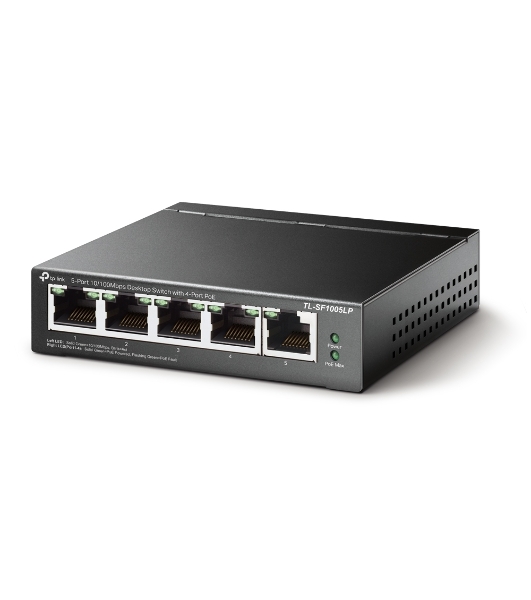 Коммутатор 5-Port 10/100Mbps Unmanaged Switch with 4-Port PoE, meta case, desktop mount, PoE budget 41W.