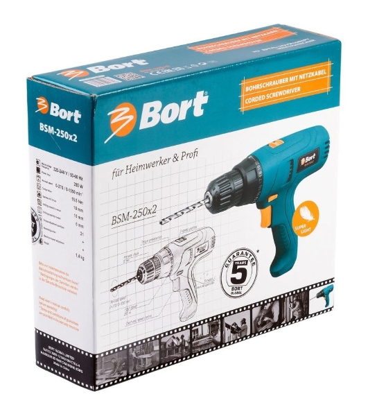 Дрель-шуруповерт Bort BSM-250x2, 280 Вт, 25 Нм, щеточный