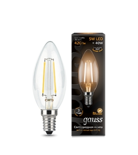 Лампа светодиодная Gauss 103801105LED Filament Candle Е14 5Вт 2700к 1/10/50