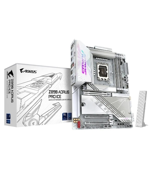 Материнская плата Gigabyte Z890 AORUS PRO ICE, LGA 1851, Intel Z890, 4xDDR5, 4xSATA, 5xM.2, 1xPCIe 5.0 x16, 1xPCIe 4.0 x4, 1xPCIe 4.0 x1, 2xUSB-C (Thunderbolt 4), 1x 5Gb LAN, 4xUSB-A 3.2 Gen 1, 2xUSB-A 3.2 Gen 2, 4xUSB-A 2.0, 2x3.5 мм, 7.1, ATX